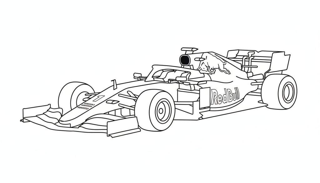Zwart-witte lijntekening van een Red Bull Formule 1-raceauto, gestileerd als kleurplaat, met het nummer '1' op de neus, afgebeeld op een witte achtergrond.