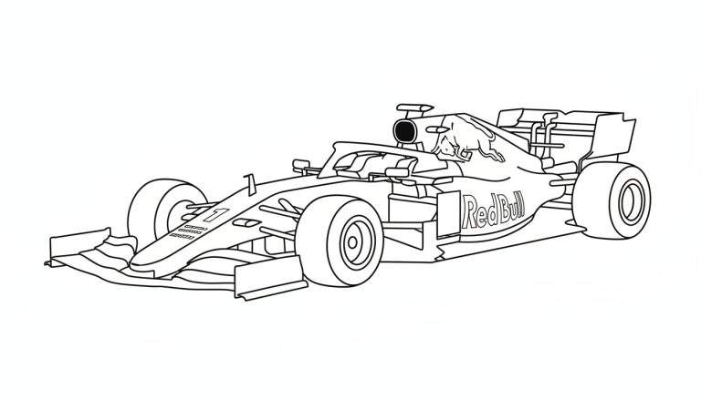 Zwart-witte lijntekening van een Red Bull Formule 1-raceauto, gestileerd als kleurplaat, met het nummer '1' op de neus, afgebeeld op een witte achtergrond.