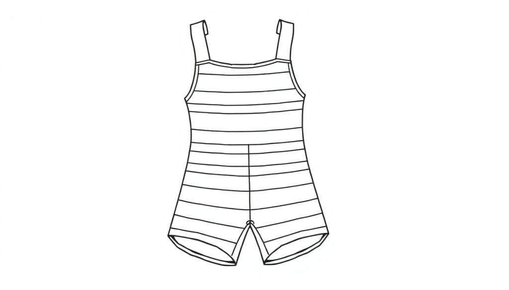 Zwart-witte lijntekening van een vintage badpak met smalle bandjes, rechte halslijn, horizontale strepen en korte pijpjes.