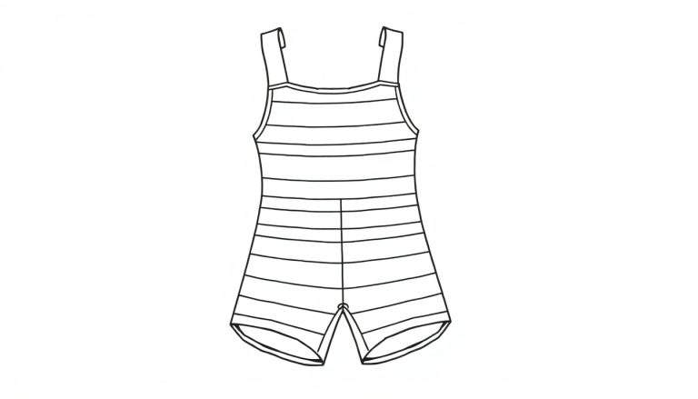 Zwart-witte lijntekening van een vintage badpak met smalle bandjes, rechte halslijn, horizontale strepen en korte pijpjes.