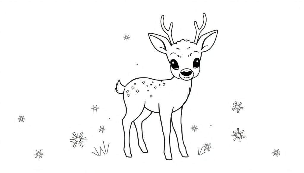 Zwart-wit tekening van een schattig hertje, lijkend op Bambi, met grote ogen en vlekjes, omringd door sneeuwvlokjes en gras, klaar om ingekleurd te worden.
