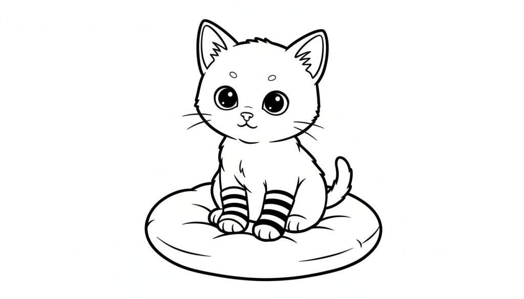 Zwart-wit lijntekening kleurplaat van een schattig katje dat rechtop op een rond kussen zit.