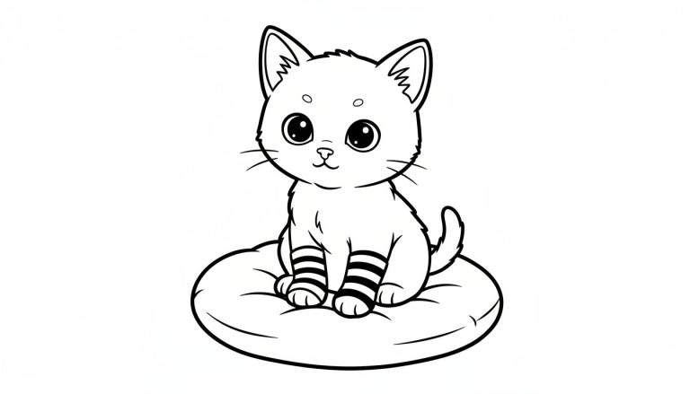 Zwart-wit lijntekening kleurplaat van een schattig katje dat rechtop op een rond kussen zit.