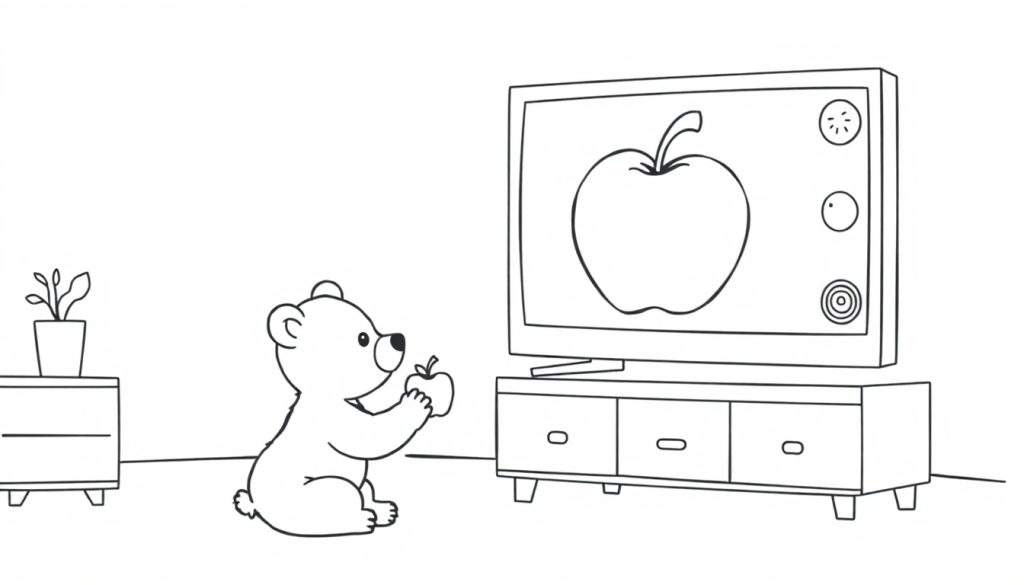 Kleurplaat van een schattige beer die op de grond zit met een appel in zijn pootjes, kijkend naar een televisie met een omtrek van een appel op het scherm.