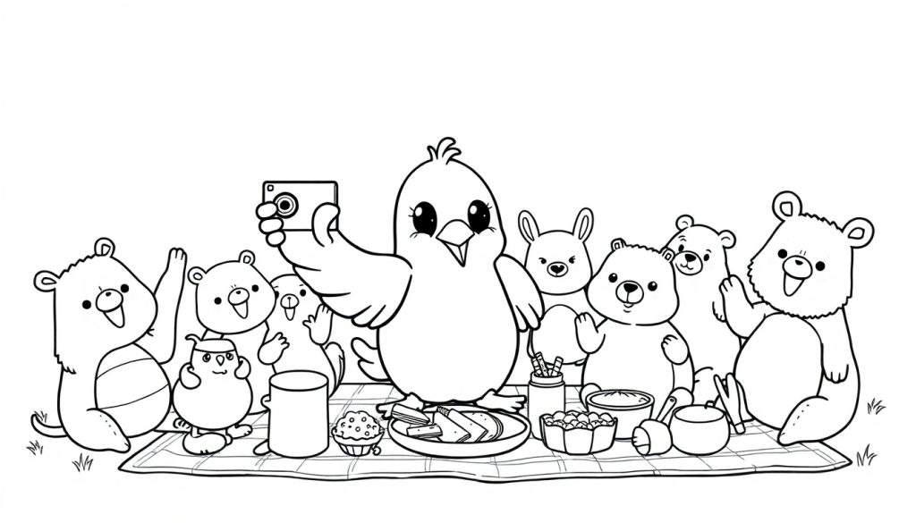 Kleurplaat van een picknick met schattige dieren. Een vogel maakt een selfie, omringd door beren, een uil, een eekhoorn/bever en een konijn op een geruit kleed met eten.