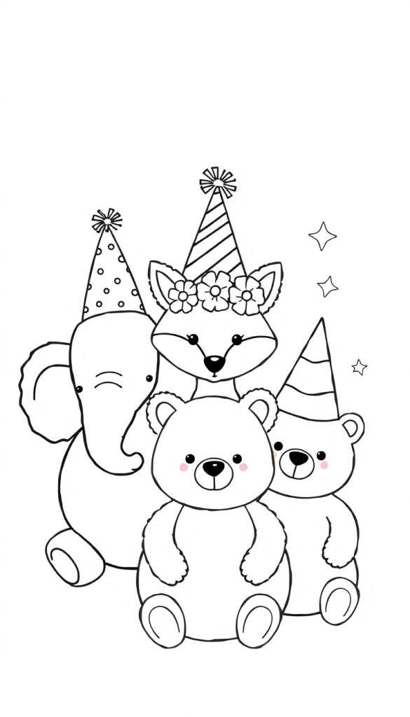 Kleurplaat van schattige cartoon dieren: een olifant met feestmuts, een vos met bloemenkrans en twee beren, met zwevende sterretjes.