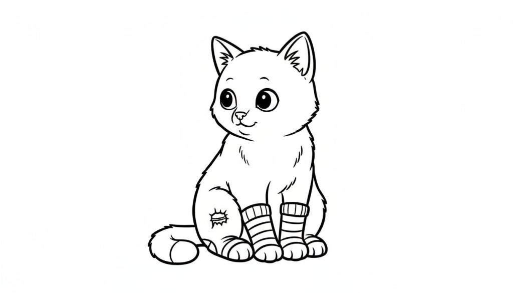Zwart-wit lijntekening van een schattige cartoon kat met gestreepte sokken en een pleister op zijn achterpoot, zittend op een witte achtergrond.