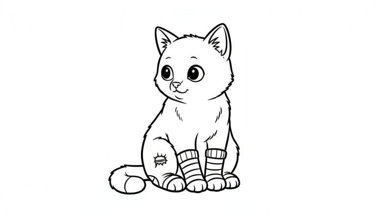 Zwart-wit lijntekening van een schattige cartoon kat met gestreepte sokken en een pleister op zijn achterpoot, zittend op een witte achtergrond.
