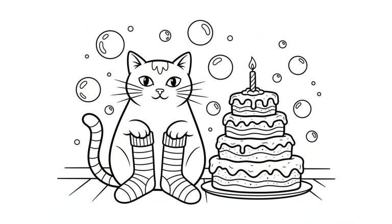 Zwart-witte kleurplaat van een schattige kat met gestreepte sokken, zittend naast een grote verjaardagstaart met een brandende kaars, omringd door bellen.