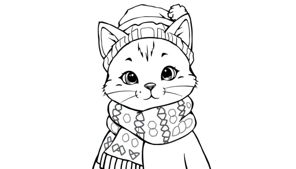 Zwart-wit tekening van een schattige kat met een wintermuts met pompon en een sjaal met geometrische patronen.