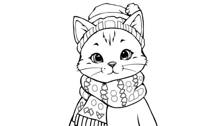 Zwart-wit tekening van een schattige kat met een wintermuts met pompon en een sjaal met geometrische patronen.