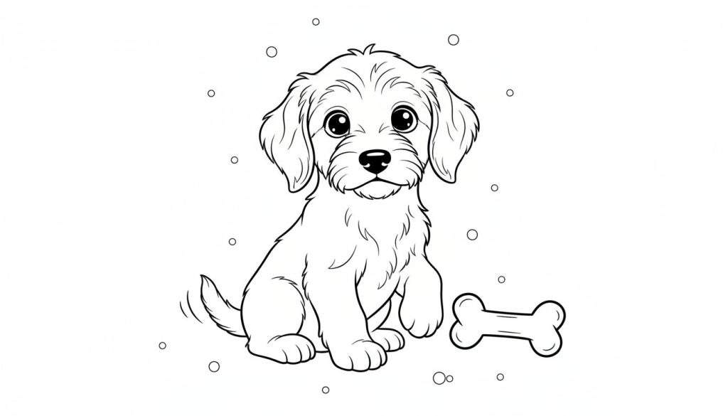 Kleurplaat van een schattige, zittende pup met een bot, omringd door kleine cirkels.