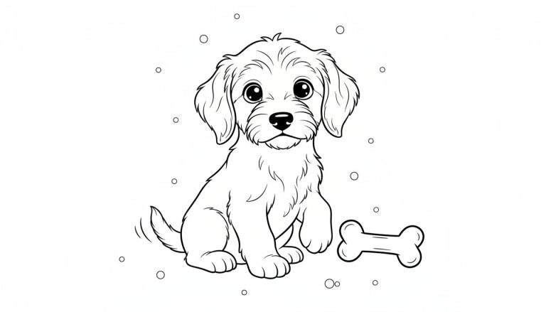 Kleurplaat van een schattige, zittende pup met een bot, omringd door kleine cirkels.