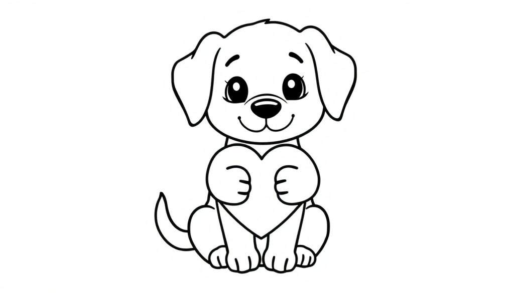 Zwart-wit lijntekening van een schattige puppy die een hart vasthoudt, met grote ogen en een glimlach.