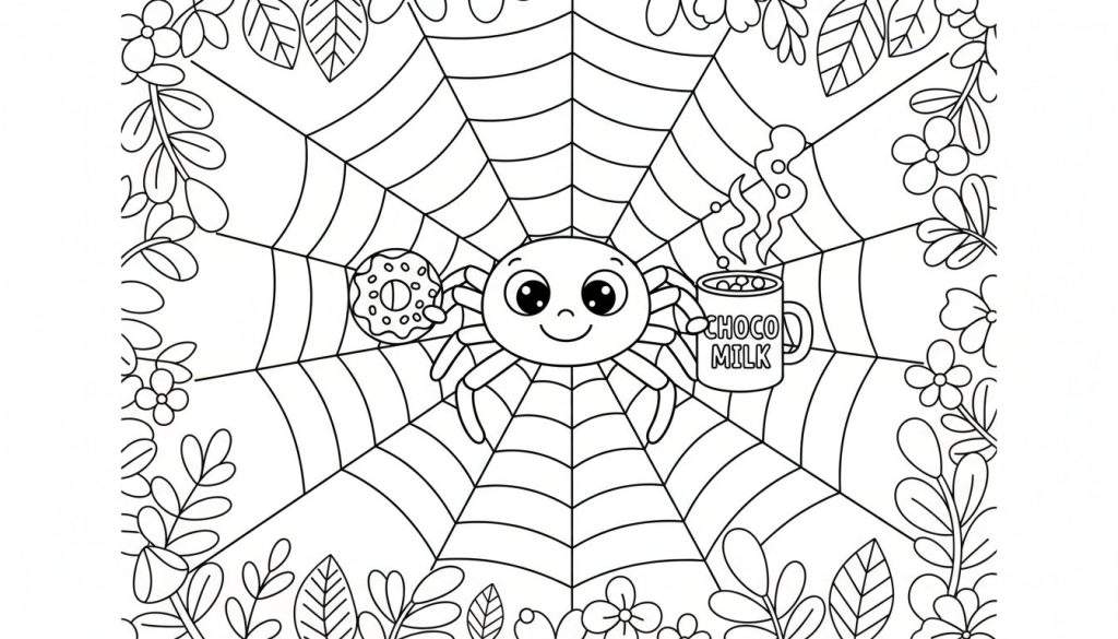 Zwart-wit kleurplaat van een schattige, lachende spin die een donut vasthoudt en naast een mok warme chocolademelk zit, omringd door bladeren en bloemen.