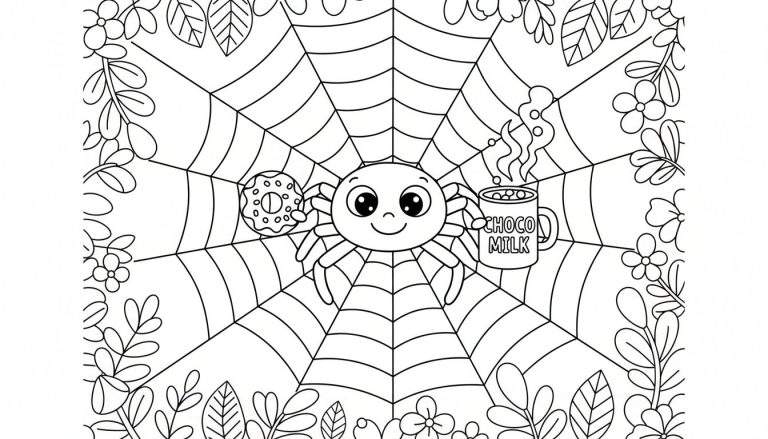 Zwart-wit kleurplaat van een schattige, lachende spin die een donut vasthoudt en naast een mok warme chocolademelk zit, omringd door bladeren en bloemen.