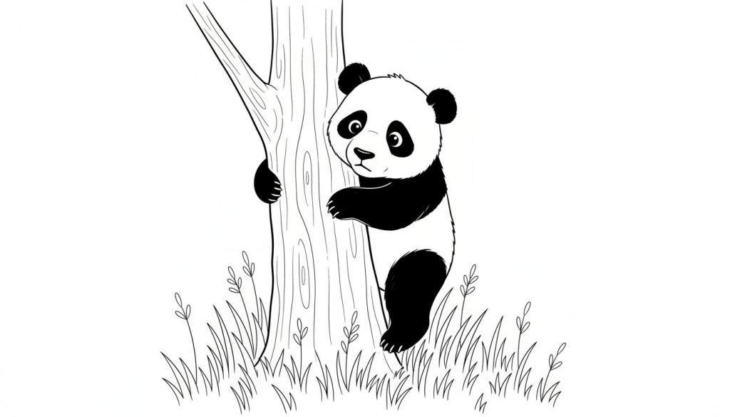 Zwart-wit lijntekening van een schattige cartoon panda die met nieuwsgierige ogen achter een boom vandaan kijkt.