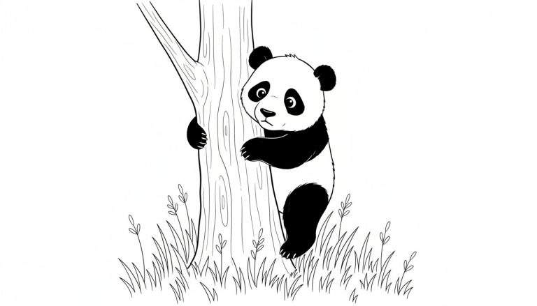 Zwart-wit lijntekening van een schattige cartoon panda die met nieuwsgierige ogen achter een boom vandaan kijkt.