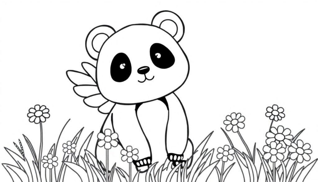 Zwart-wit tekening van een schattige panda met kleine vleugels, zittend in een bloemenveld, klaar om ingekleurd te worden.