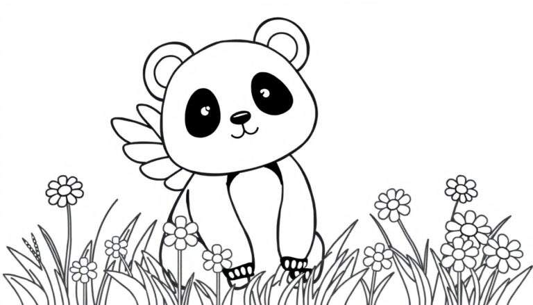 Zwart-wit tekening van een schattige panda met kleine vleugels, zittend in een bloemenveld, klaar om ingekleurd te worden.