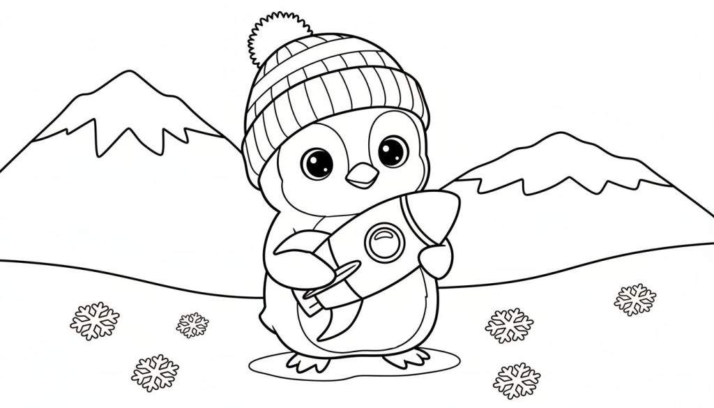 Kleurplaat van een schattige pinguïn met een gestreepte muts die een kleine raket vasthoudt, met bergen en sneeuwvlokken op de achtergrond.