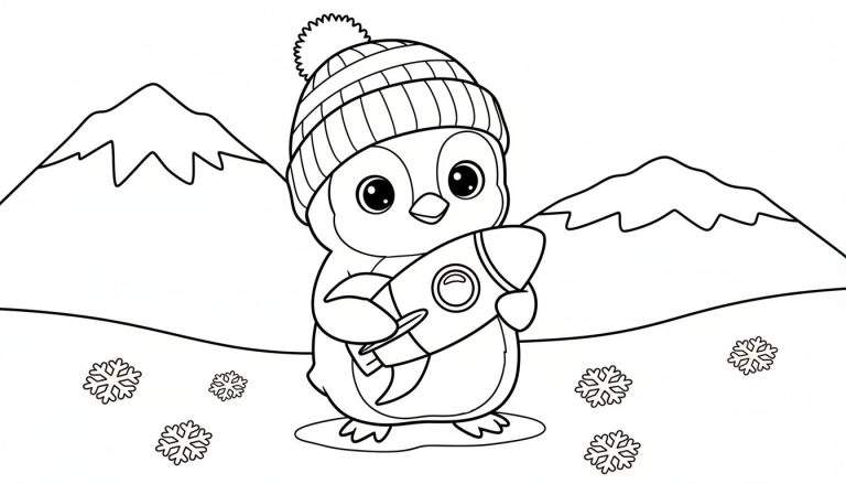 Kleurplaat van een schattige pinguïn met een gestreepte muts die een kleine raket vasthoudt, met bergen en sneeuwvlokken op de achtergrond.