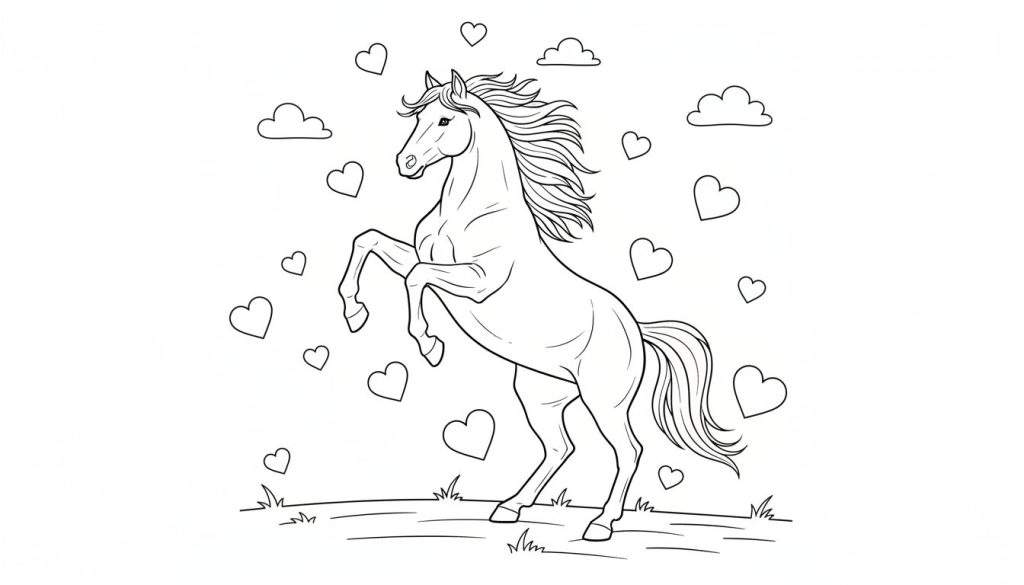 Zwart-wit lijntekening van een paard dat steigert in een weide, met hartjes en wolkjes eromheen.