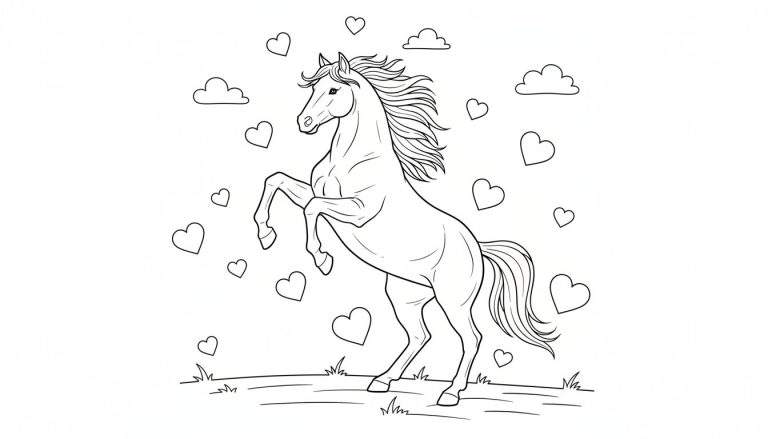 Zwart-wit lijntekening van een paard dat steigert in een weide, met hartjes en wolkjes eromheen.