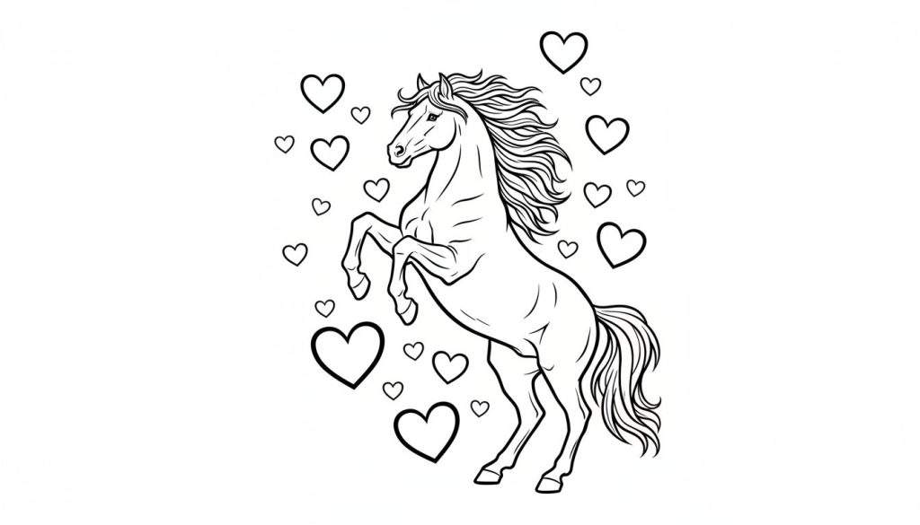 Zwart-wit tekening van een steigerend paard met zwierige manen en staart, omringd door hartjes van verschillende groottes op een witte achtergrond, geschikt als kleurplaat.