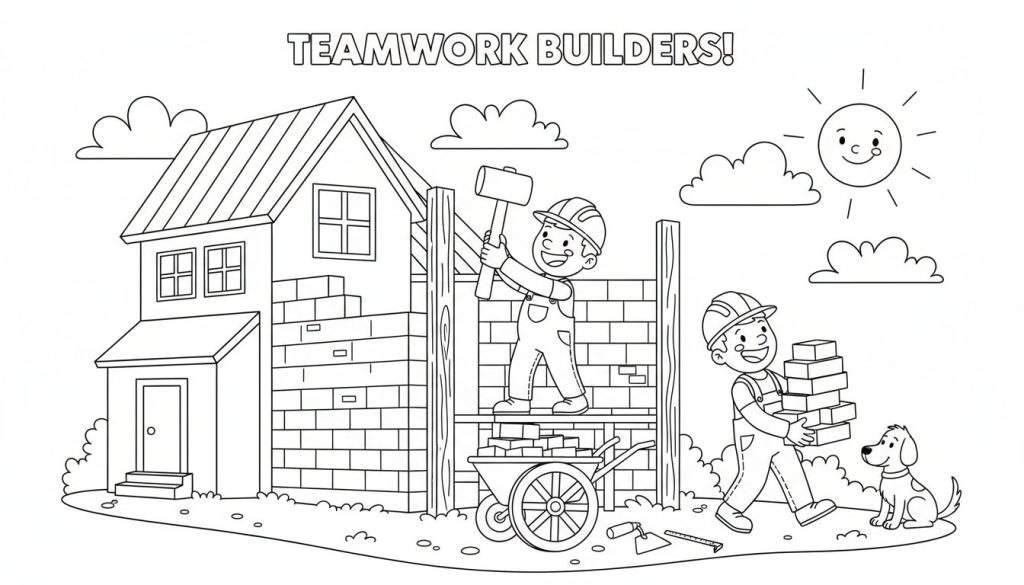 Zwart-wit kleurplaat van twee vrolijke bouwers die samen een huis bouwen, met een hond, gereedschap en een lachende zon.
