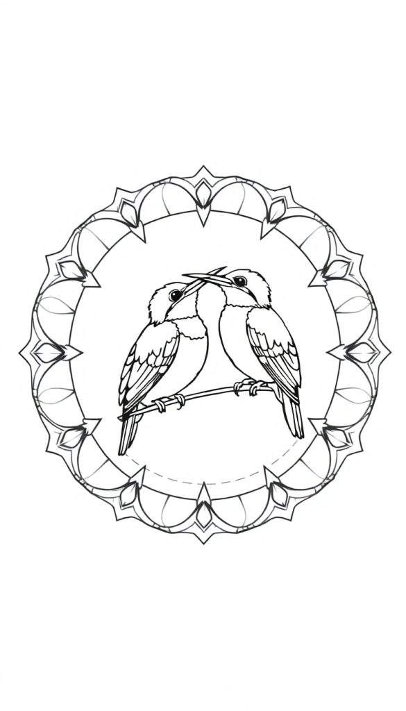 Zwart-wit lijntekening van twee vogels die elkaar op een tak kussen, binnen een versierd cirkelvormig kader met bladeren en bogen. De achtergrond is wit.