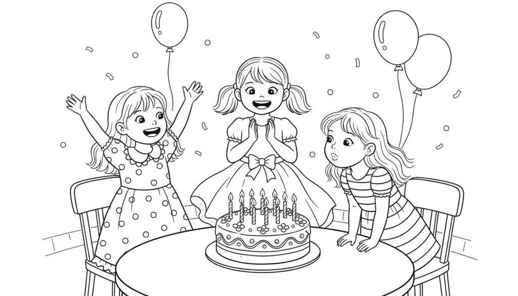 Kleurplaat van drie vrolijke meisjes die een verjaardagsfeest vieren rond een taart met zeven kaarsjes, omringd door ballonnen en confetti.