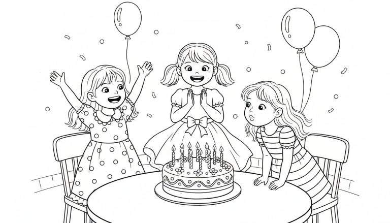 Kleurplaat van drie vrolijke meisjes die een verjaardagsfeest vieren rond een taart met zeven kaarsjes, omringd door ballonnen en confetti.