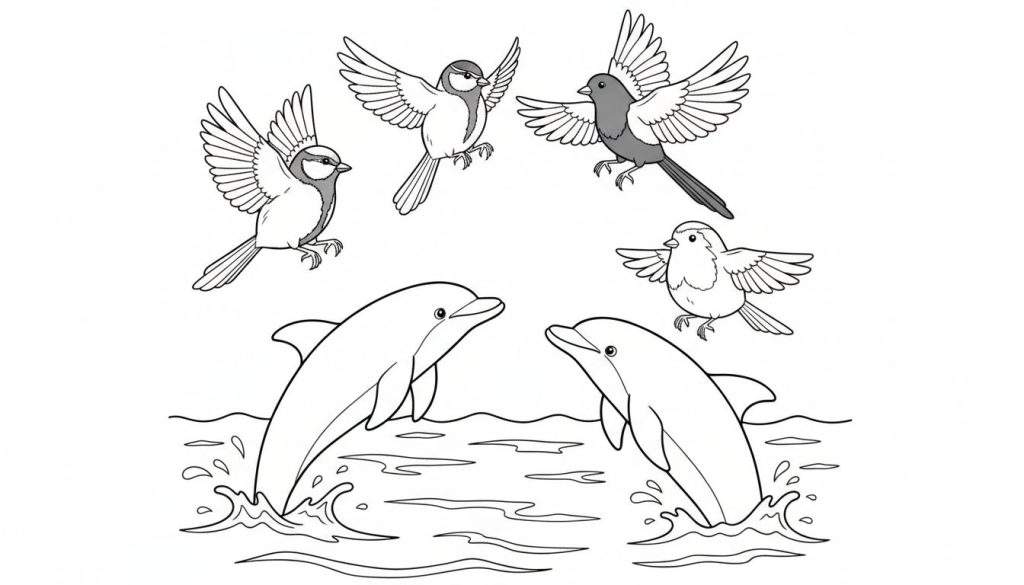 Kleurplaat met vliegende vogels en springende dolfijnen in een dynamische compositie.