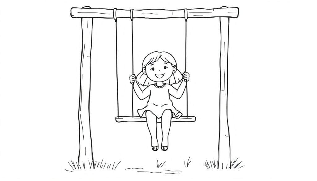 Kleurplaat van een vrolijk jong meisje met twee staartjes, zittend op een houten schommel en breed lachend. Ze draagt een jurk en ketting en houdt de touwen vast. Onder de schommel zijn lijnen die gras voorstellen.