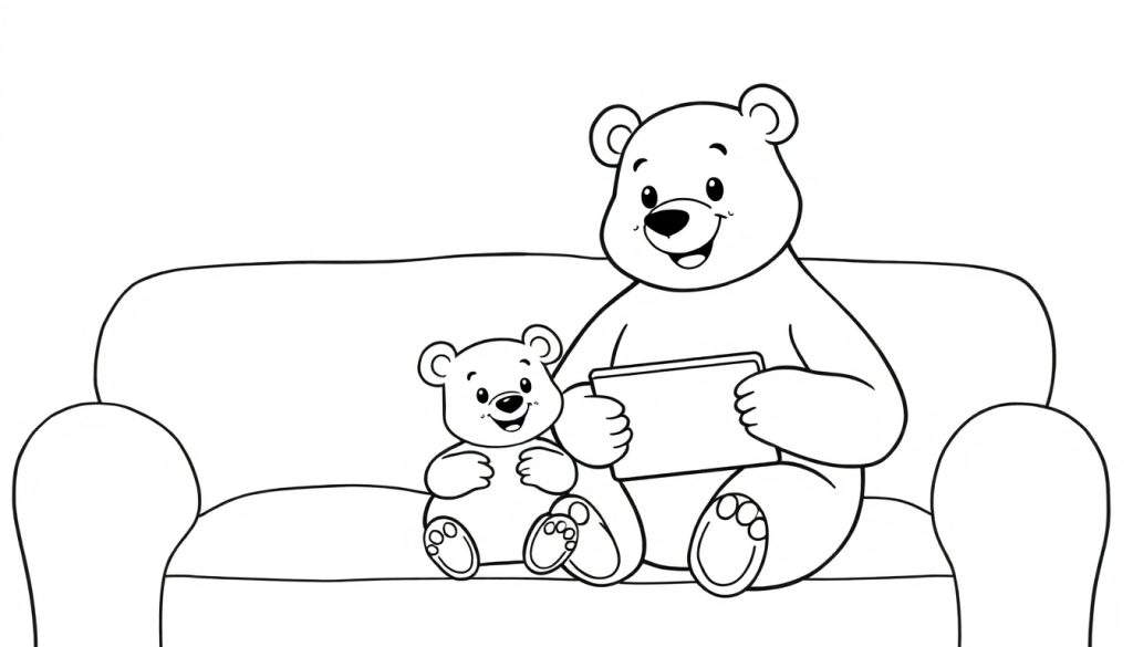 Zwart-wit lijntekening van een grote beer en een klein beertje die lachend samen op een bank zitten. De grote beer houdt een rechthoekig voorwerp vast dat op een boek of tablet lijkt.