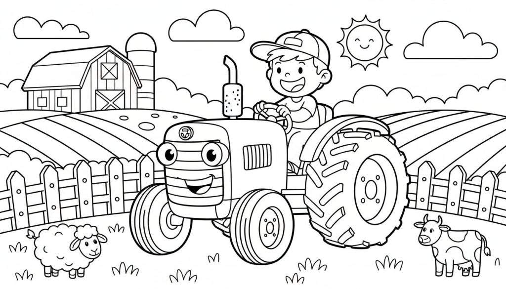 Zwart-wit kleurplaat van een vrolijke jongen met pet op een lachende tractor, met een schaap en een koe op de voorgrond, boerderij en zon op de achtergrond.