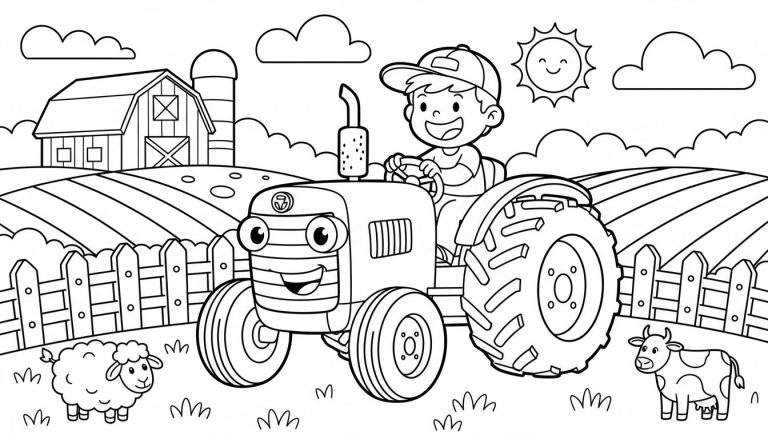 Zwart-wit kleurplaat van een vrolijke jongen met pet op een lachende tractor, met een schaap en een koe op de voorgrond, boerderij en zon op de achtergrond.