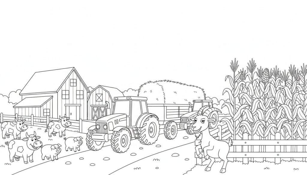 Zwart-wit kleurplaat van een boerderij met boerderijgebouwen, koeien, varkens, een tractor met hooi, een tweede tractor en een maïsveld met een geit.