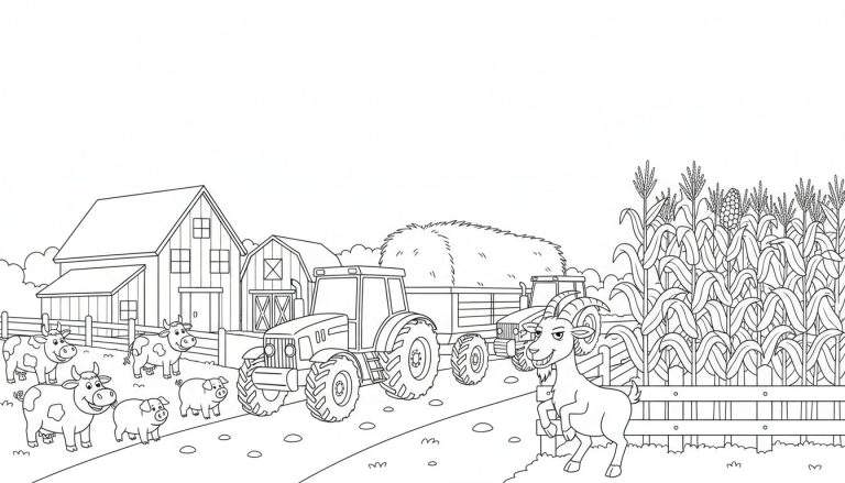 Zwart-wit kleurplaat van een boerderij met boerderijgebouwen, koeien, varkens, een tractor met hooi, een tweede tractor en een maïsveld met een geit.