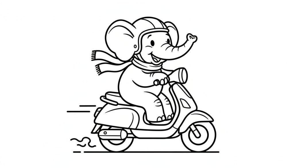 Zwart-wit lijntekening van een lachende cartoonolifant die op een scooter rijdt, met een helm op en een sjaal om. Er zijn snelheidslijnen achter de scooter.