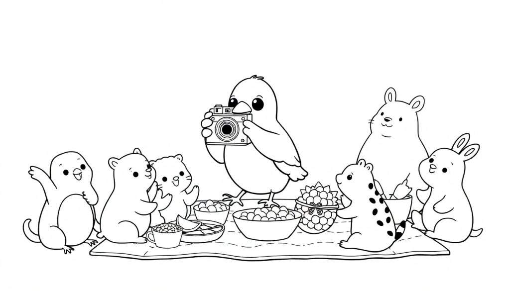 Zwart-wit tekening van een groep schattige cartoon dieren die samen picknicken, met een vogel die een foto maakt met een ouderwetse camera.