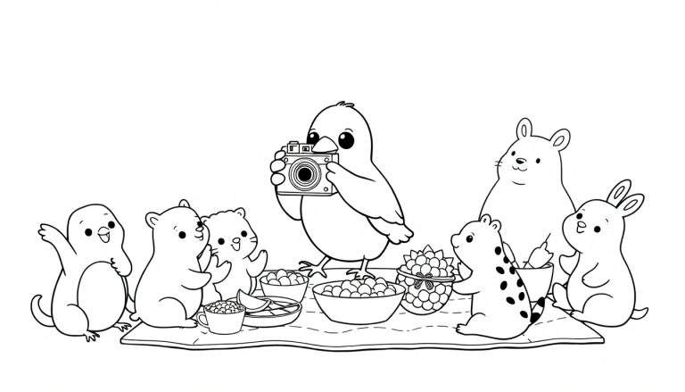 Zwart-wit tekening van een groep schattige cartoon dieren die samen picknicken, met een vogel die een foto maakt met een ouderwetse camera.