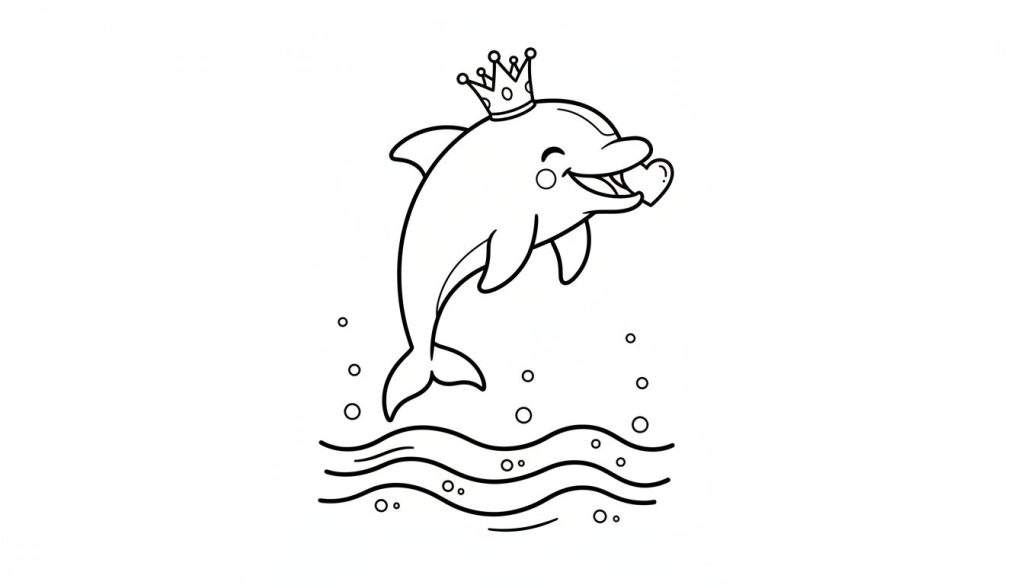 Zwarte lijntekening kleurplaat van een blije dolfijn met een kroon en hartje die uit het water springt, omringd door bubbels en golven.