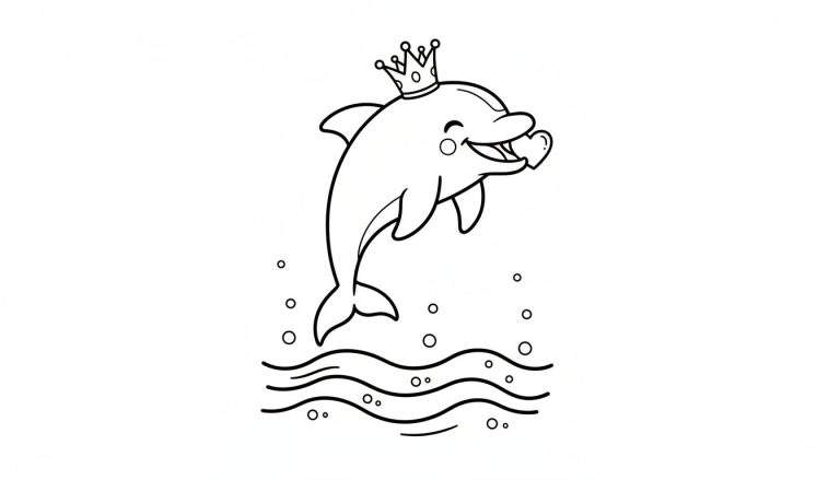 Zwarte lijntekening kleurplaat van een blije dolfijn met een kroon en hartje die uit het water springt, omringd door bubbels en golven.