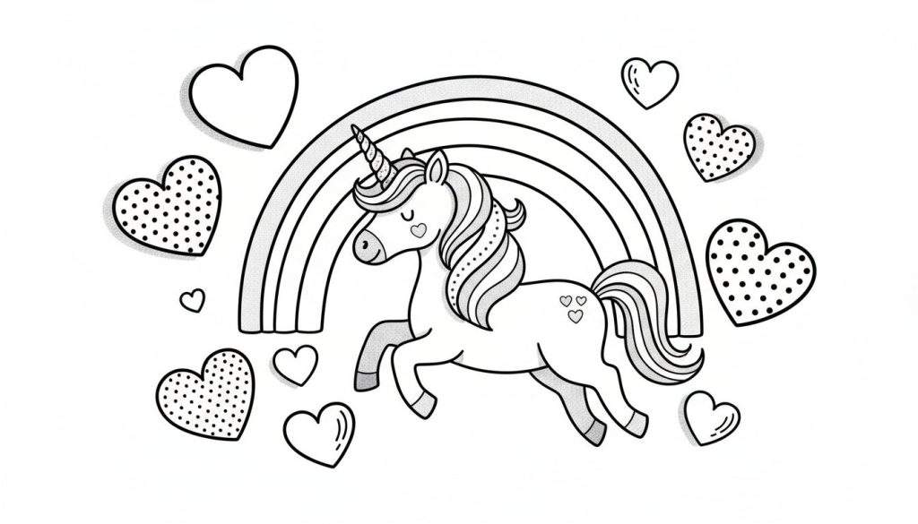 Een zwart-wit lijntekening van een vrolijke eenhoorn die rent, met een regenboog en hartjes eromheen. De eenhoorn heeft een spiraalvormige hoorn en golvende manen.