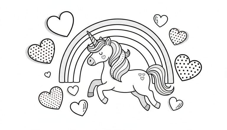Een zwart-wit lijntekening van een vrolijke eenhoorn die rent, met een regenboog en hartjes eromheen. De eenhoorn heeft een spiraalvormige hoorn en golvende manen.