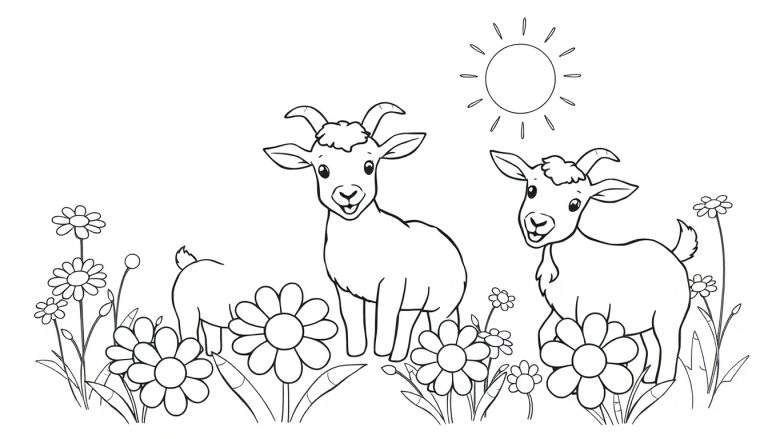 Kleurplaat van drie jonge geitjes met kleine hoorntjes, staand tussen bloemen onder een stralende zon.