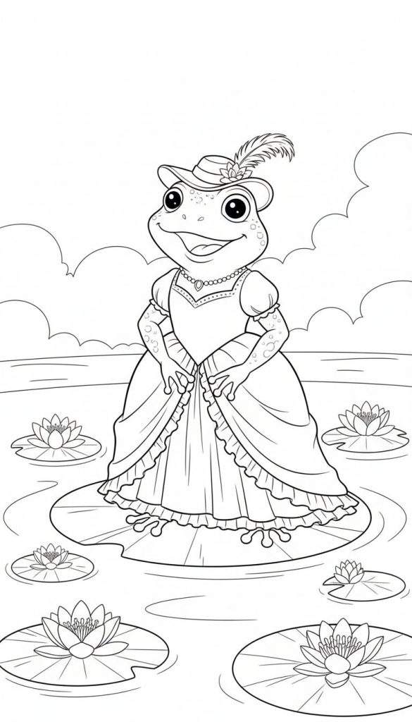 Zwart-wit lijntekening van een vrolijke kikker in een jurk en hoed, staand op een waterlelieblad.