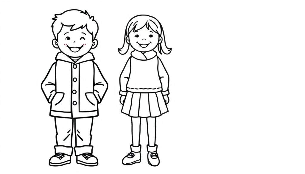 Zwart-wit lijntekening van een lachende jongen met handen in zijn zakken en een vrolijk lachend meisje met staartjes, klaar om ingekleurd te worden.